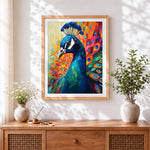 Finished geometric peacock portrait cross stitch artwork displayed
