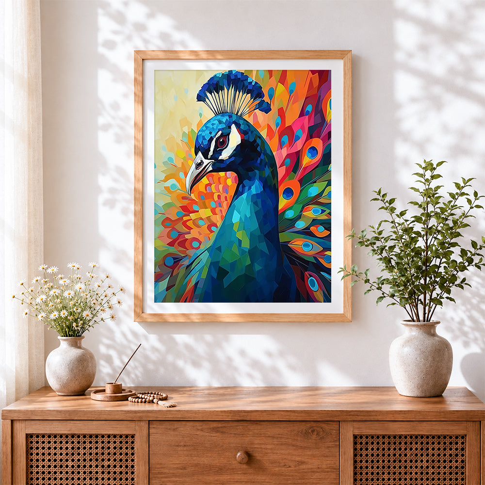 Finished geometric peacock portrait paint by numbers artwork displayed as home decor