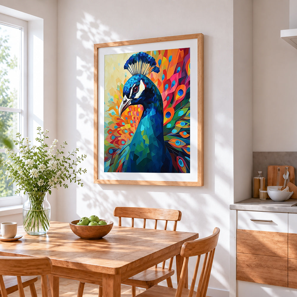 Geometric peacock portrait paint by numbers artwork displayed on wall as home decor