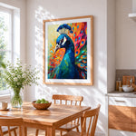 Geometric peacock portrait paint by numbers artwork displayed on wall as home decor