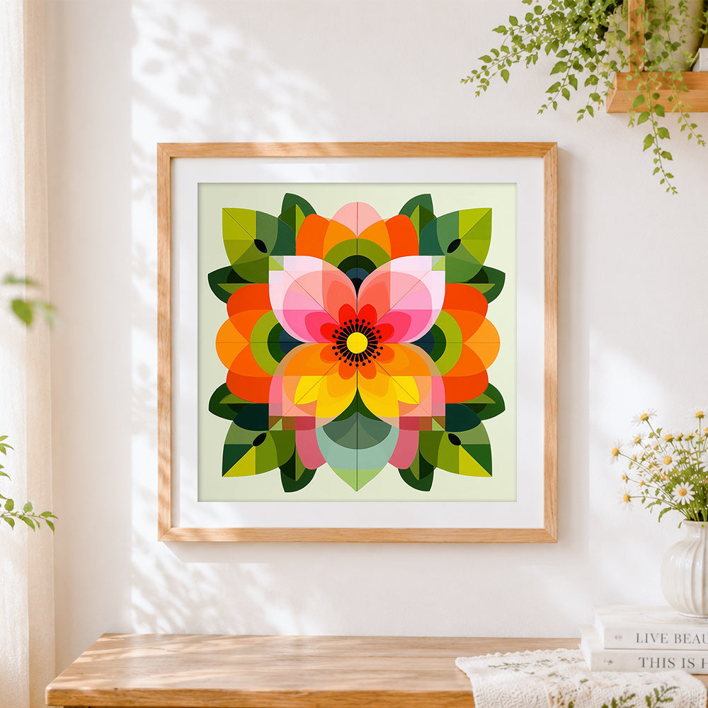 Finished geometric petals and leaves cross stitch artwork displayed
