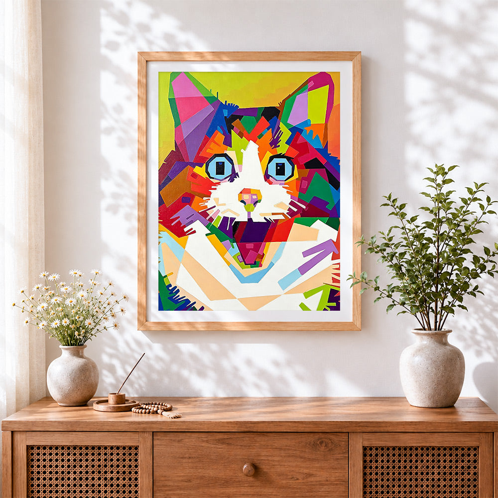 Finished geometric pop art cat face cross stitch artwork displayed