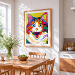 Geometric pop art cat face cross stitch artwork displayed on wall as home decor