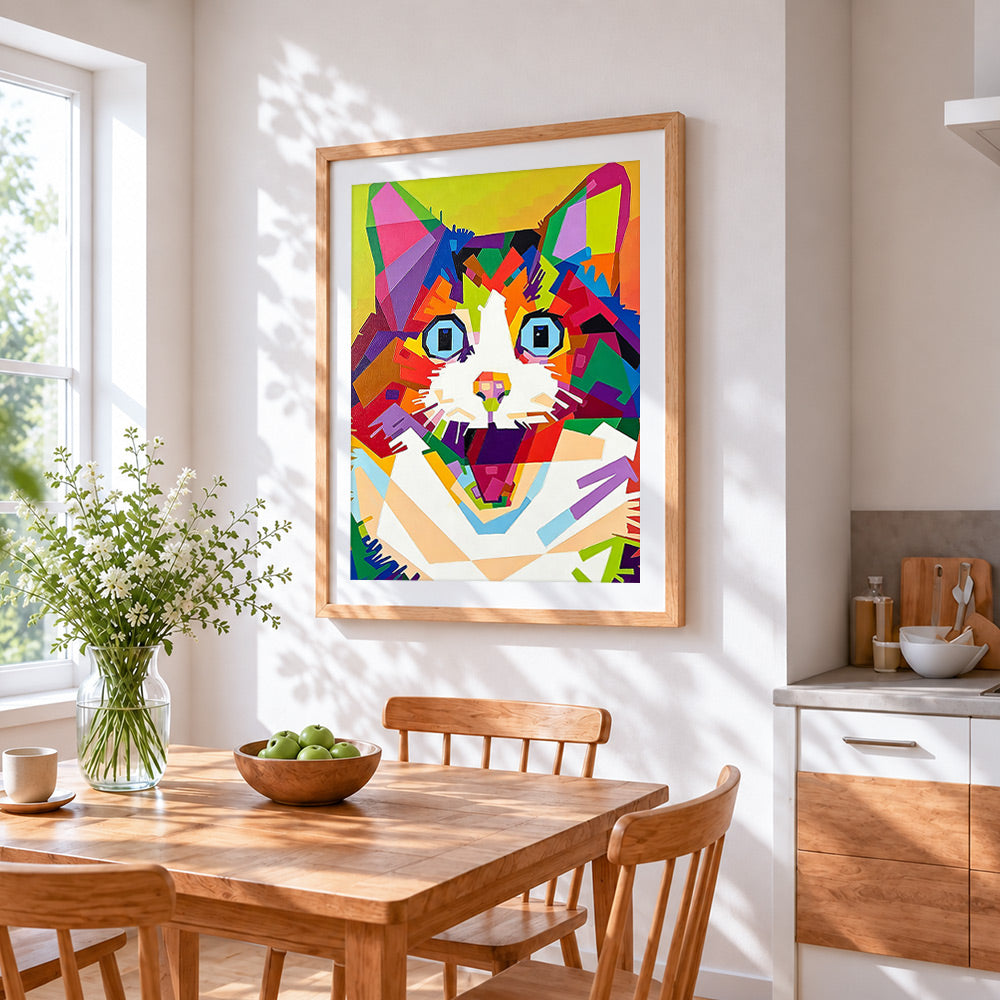Geometric pop art cat face cross stitch artwork displayed on wall as home decor