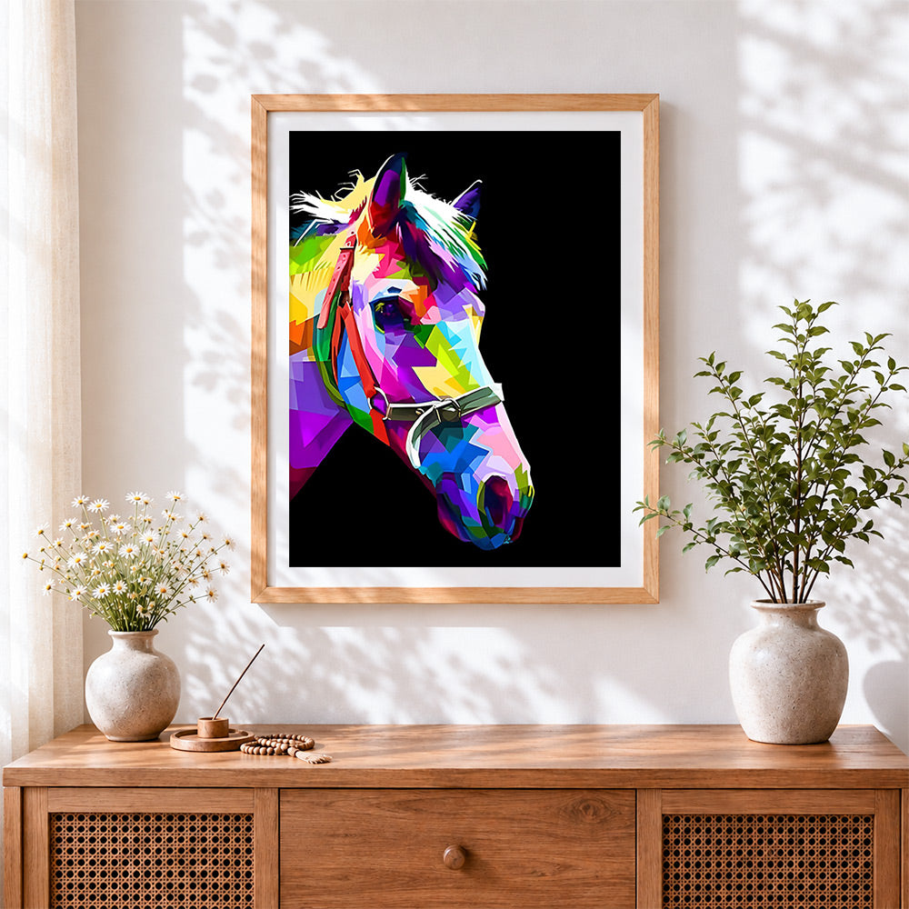 Finished geometric pop art horse cross stitch artwork displayed