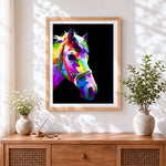 Finished geometric pop art horse cross stitch artwork displayed