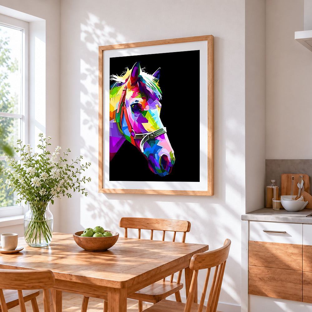 Geometric pop art horse cross stitch artwork displayed on wall as home decor