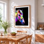 Geometric pop art horse cross stitch artwork displayed on wall as home decor