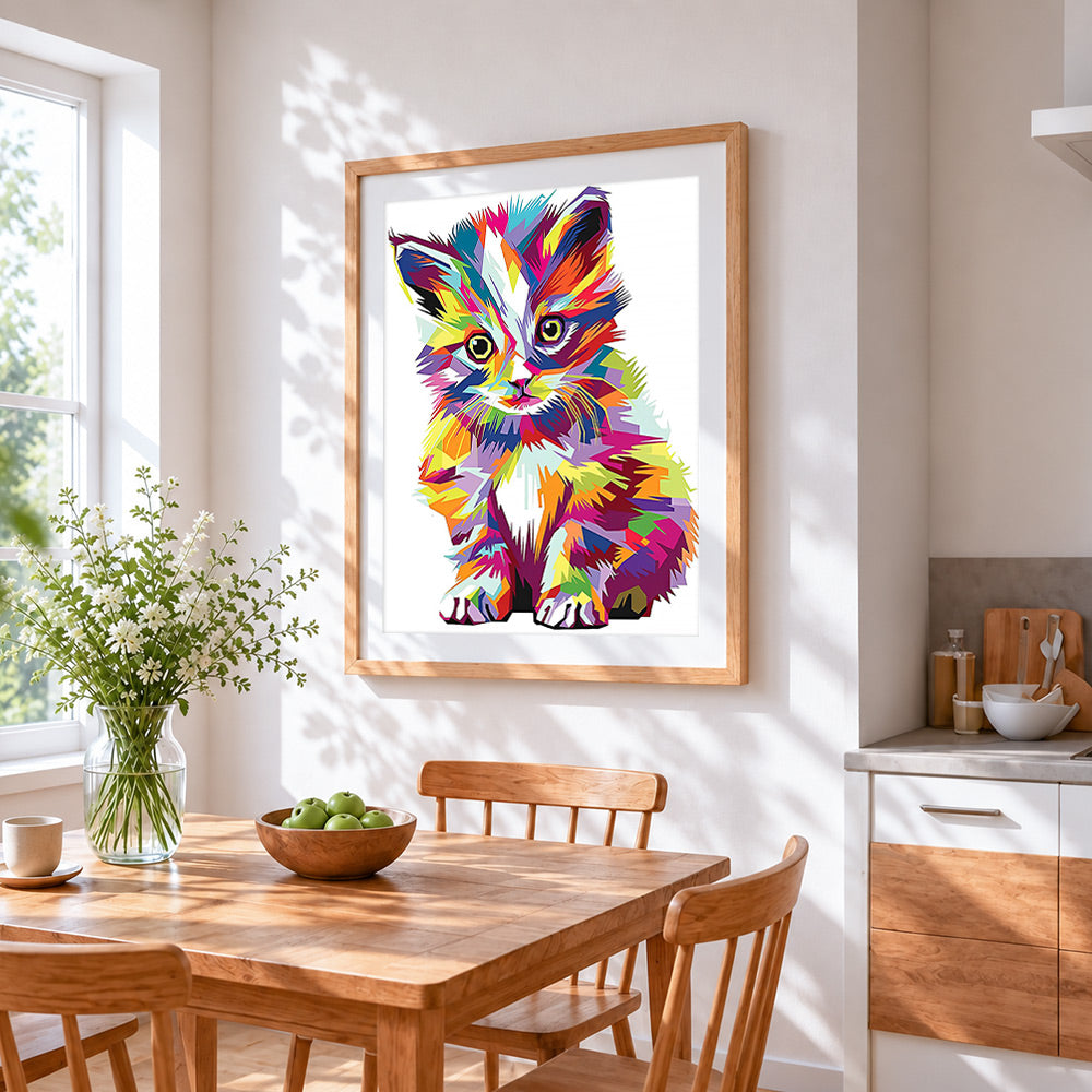 Geometric pop art kitten cross stitch artwork displayed on wall as home decor