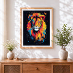 Finished geometric pop art lion cross stitch artwork displayed