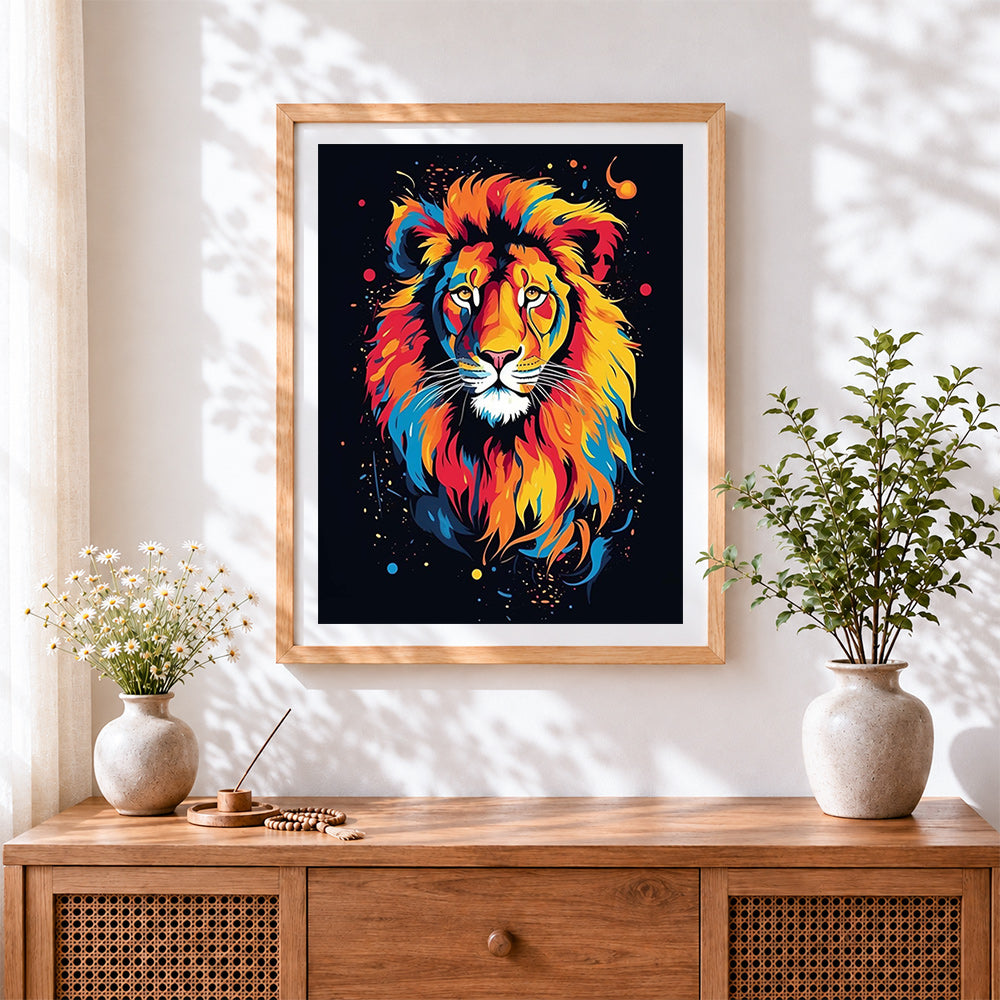 Finished geometric pop art lion cross stitch artwork displayed