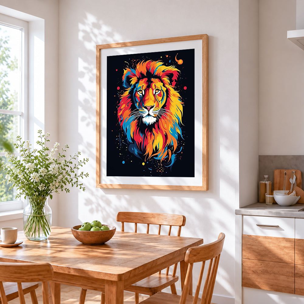 Geometric pop art lion cross stitch artwork displayed on wall as home decor