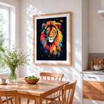 Geometric pop art lion cross stitch artwork displayed on wall as home decor