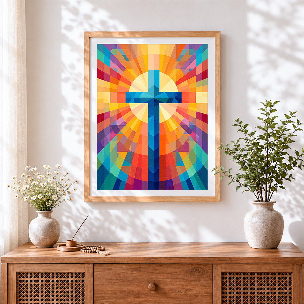 Finished geometric rainbow cross cross stitch artwork displayed