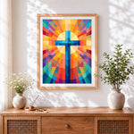 Finished geometric rainbow cross cross stitch artwork displayed