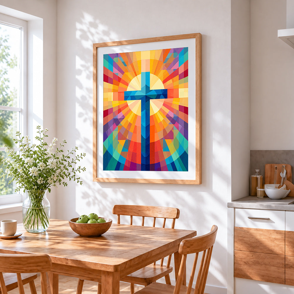 Geometric rainbow cross cross stitch artwork displayed on wall as home decor