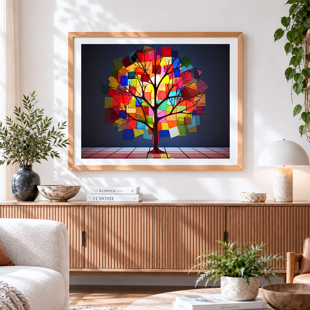 Finished geometric rainbow mosaic tree paint by numbers artwork displayed as home decor