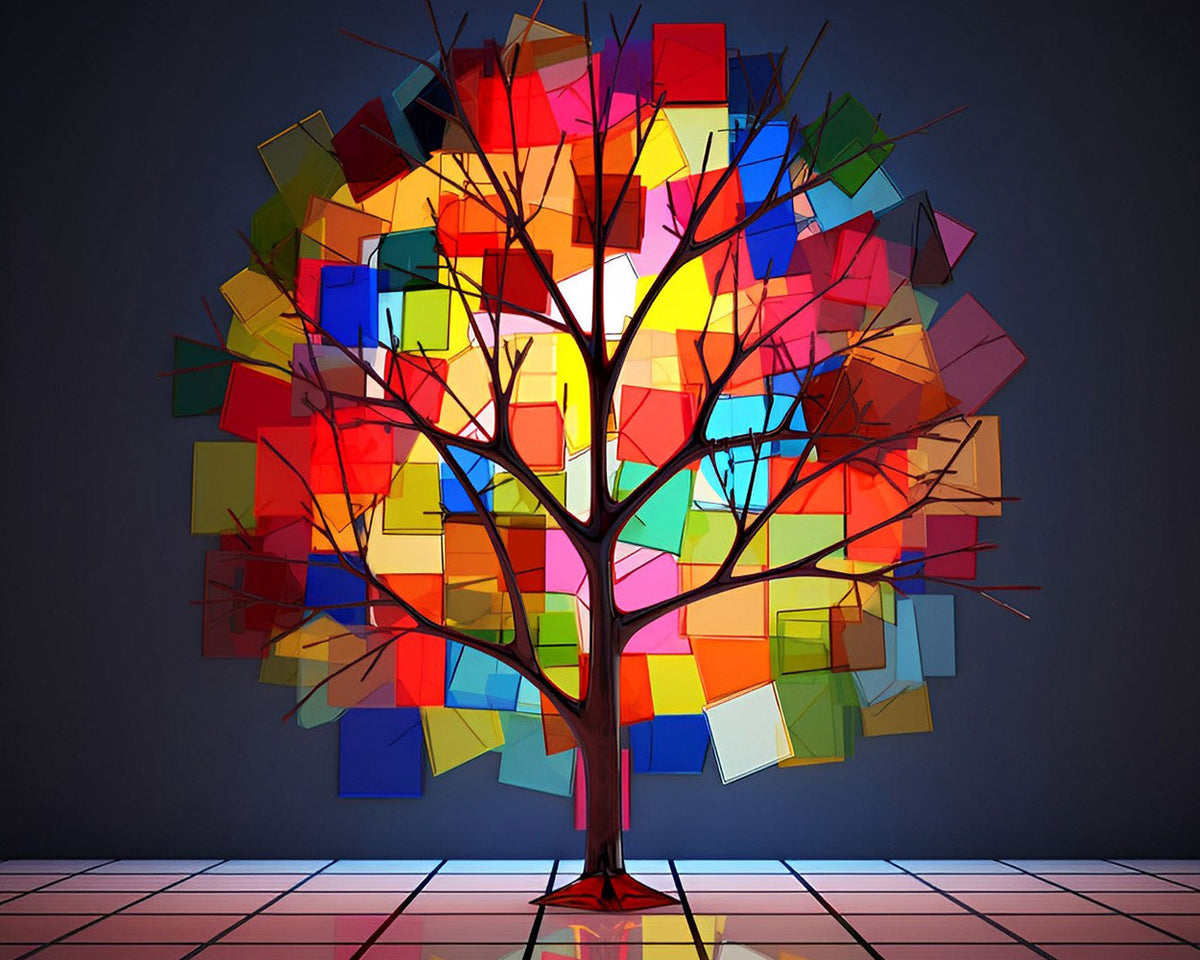Geometric rainbow mosaic tree paint by numbers kit for beginners