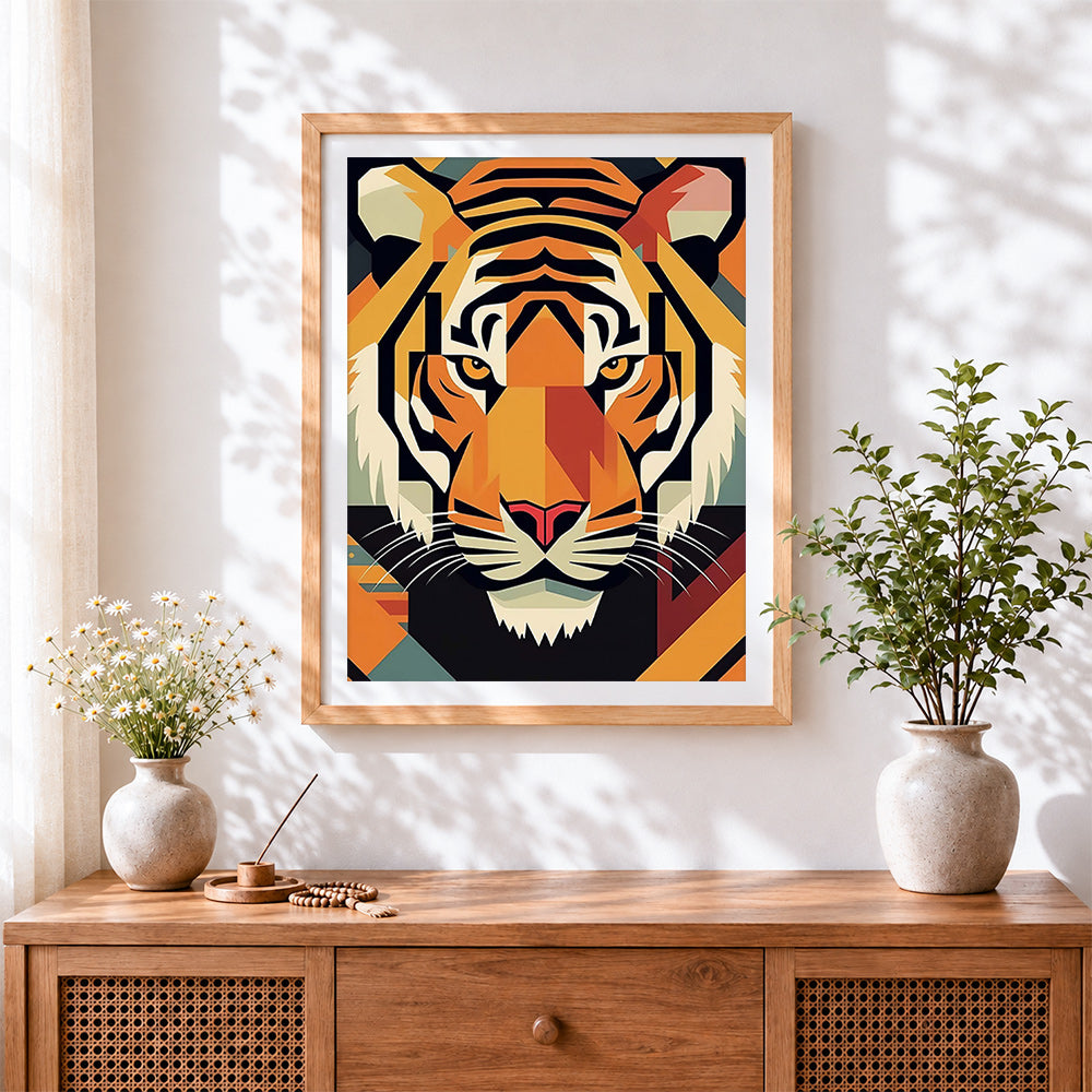 Finished geometric tiger head cross stitch artwork displayed
