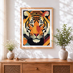 Finished geometric tiger head cross stitch artwork displayed