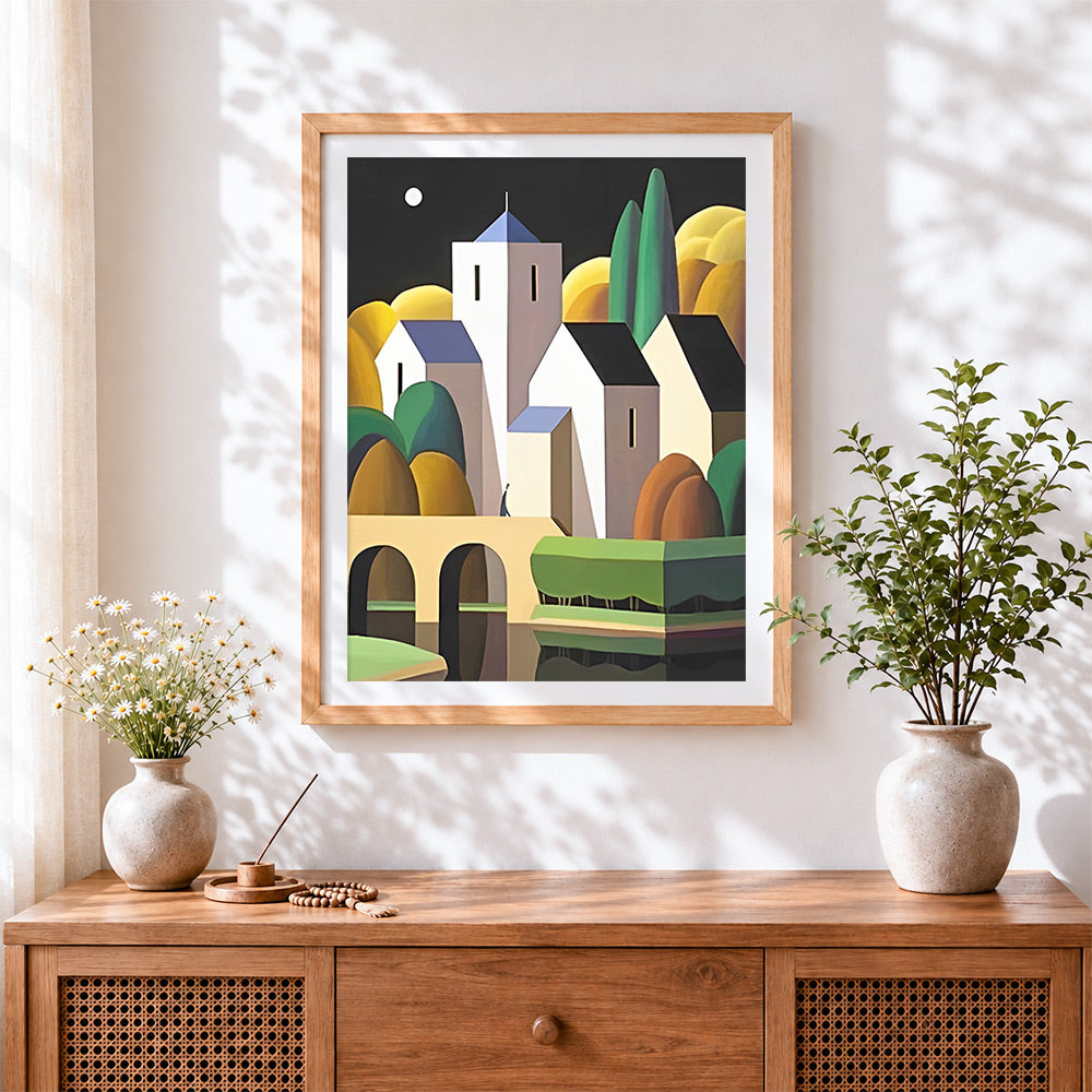 Finished geometric village with moon cross stitch artwork displayed