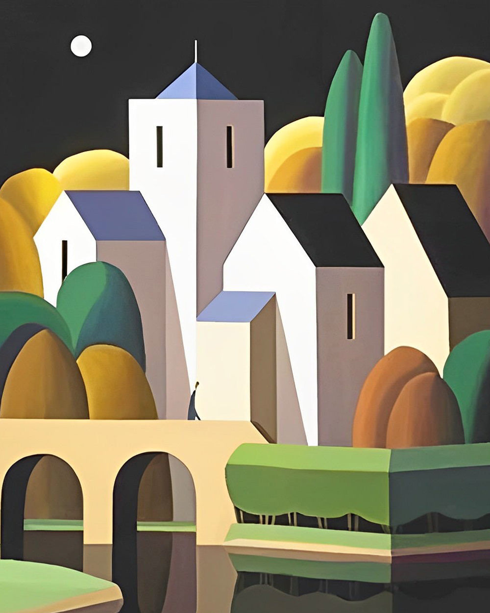 Geometric village with moon cross stitch kit for beginners