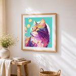 Geometric whimsical cat cross stitch artwork displayed on wall as home decor