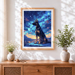 Finished german shepherd under starry sky cross stitch artwork displayed