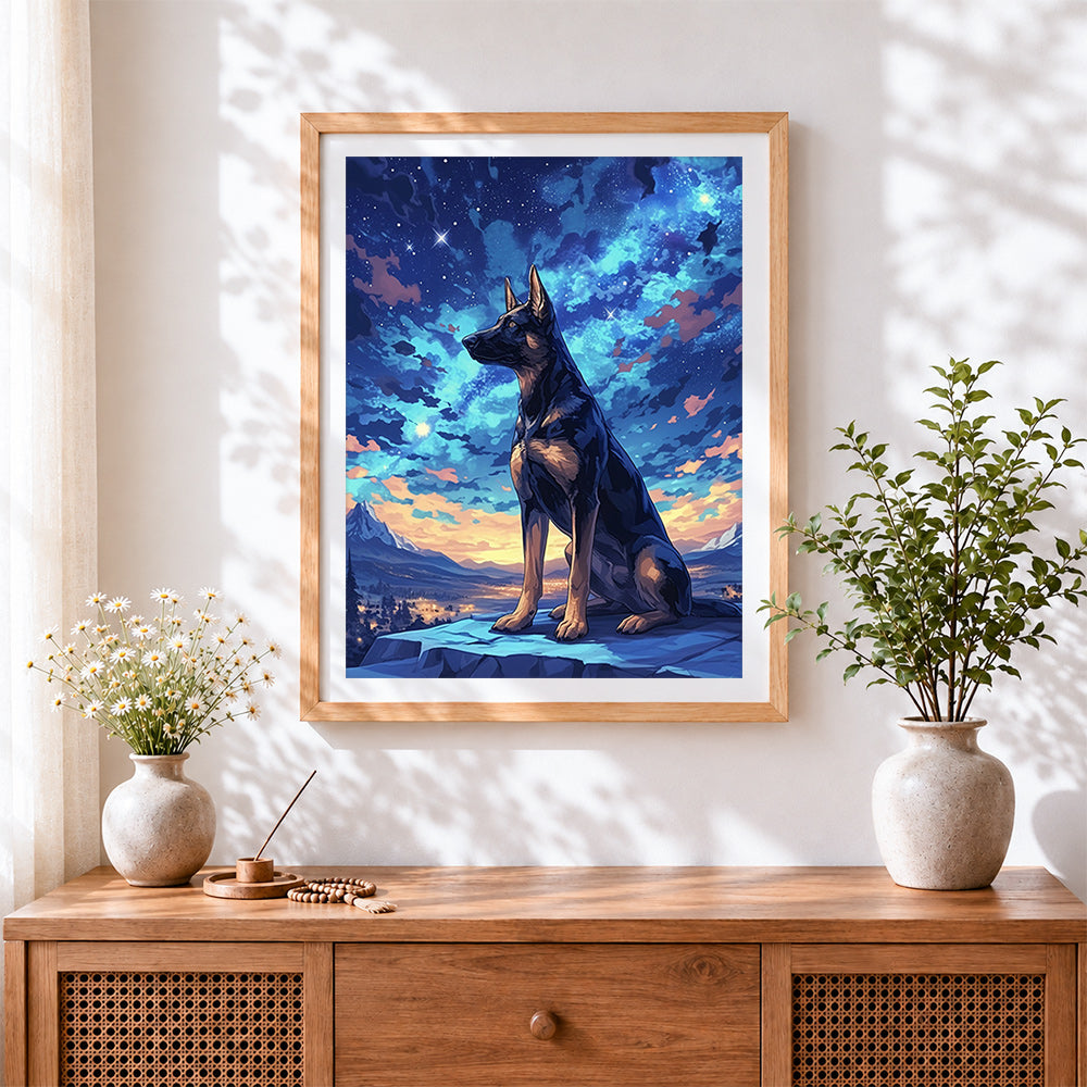 Finished german shepherd under starry sky cross stitch artwork displayed