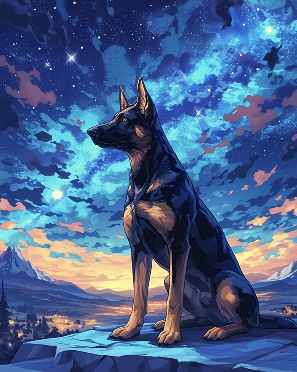 German shepherd under starry sky cross stitch kit for beginners