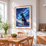 German shepherd under starry sky cross stitch artwork displayed on wall as home decor