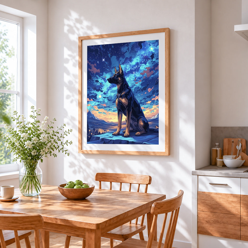 German shepherd under starry sky cross stitch artwork displayed on wall as home decor