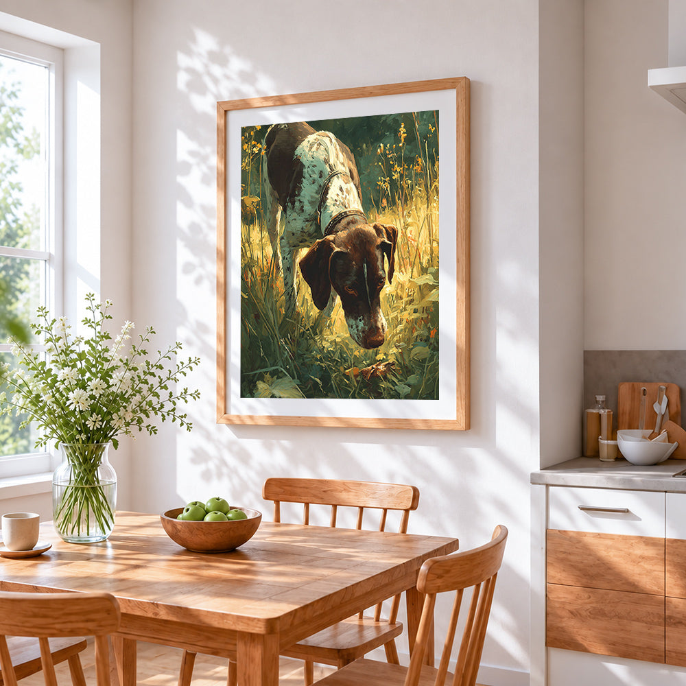 German shorthaired pointer in grass cross stitch artwork displayed on wall as home decor