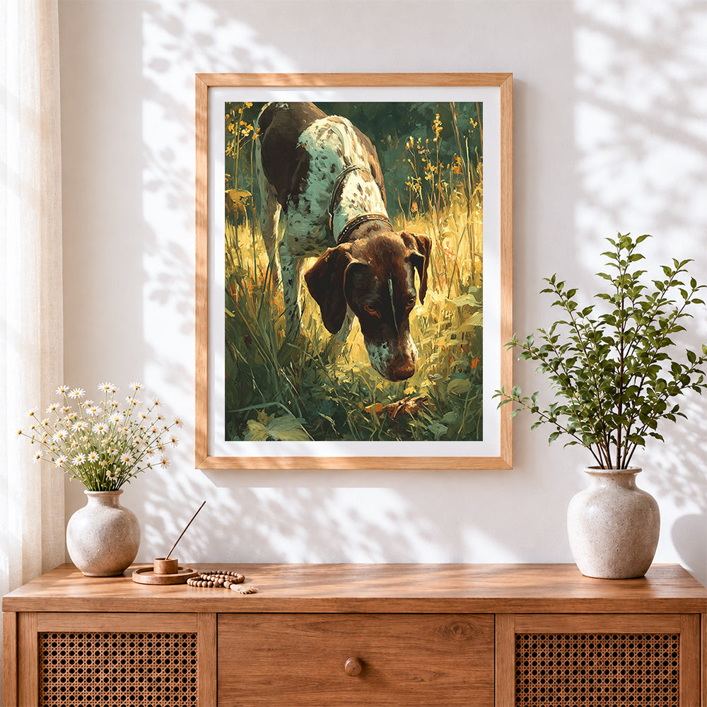 Finished german shorthaired pointer in grass paint by numbers artwork displayed as home decor