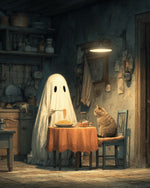 Ghost and cat eating spaghetti cross stitch kit for beginners