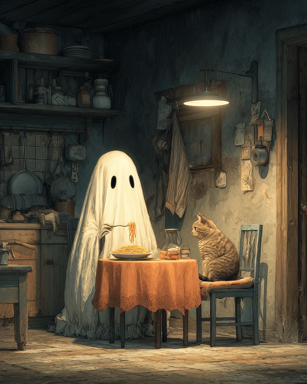 Ghost and cat eating spaghetti cross stitch kit for beginners