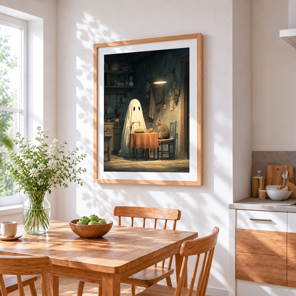 Ghost and cat eating spaghetti cross stitch artwork displayed on wall as home decor
