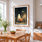 Ghost and cat eating spaghetti cross stitch artwork displayed on wall as home decor