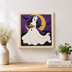 Finished ghost bride with moon artwork displayed on a wall