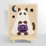 Ghost cat holding pumpkin treat bucket punch needle kit for beginners