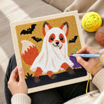 Creating handmade ghost‑costumed fox punch needle artwork