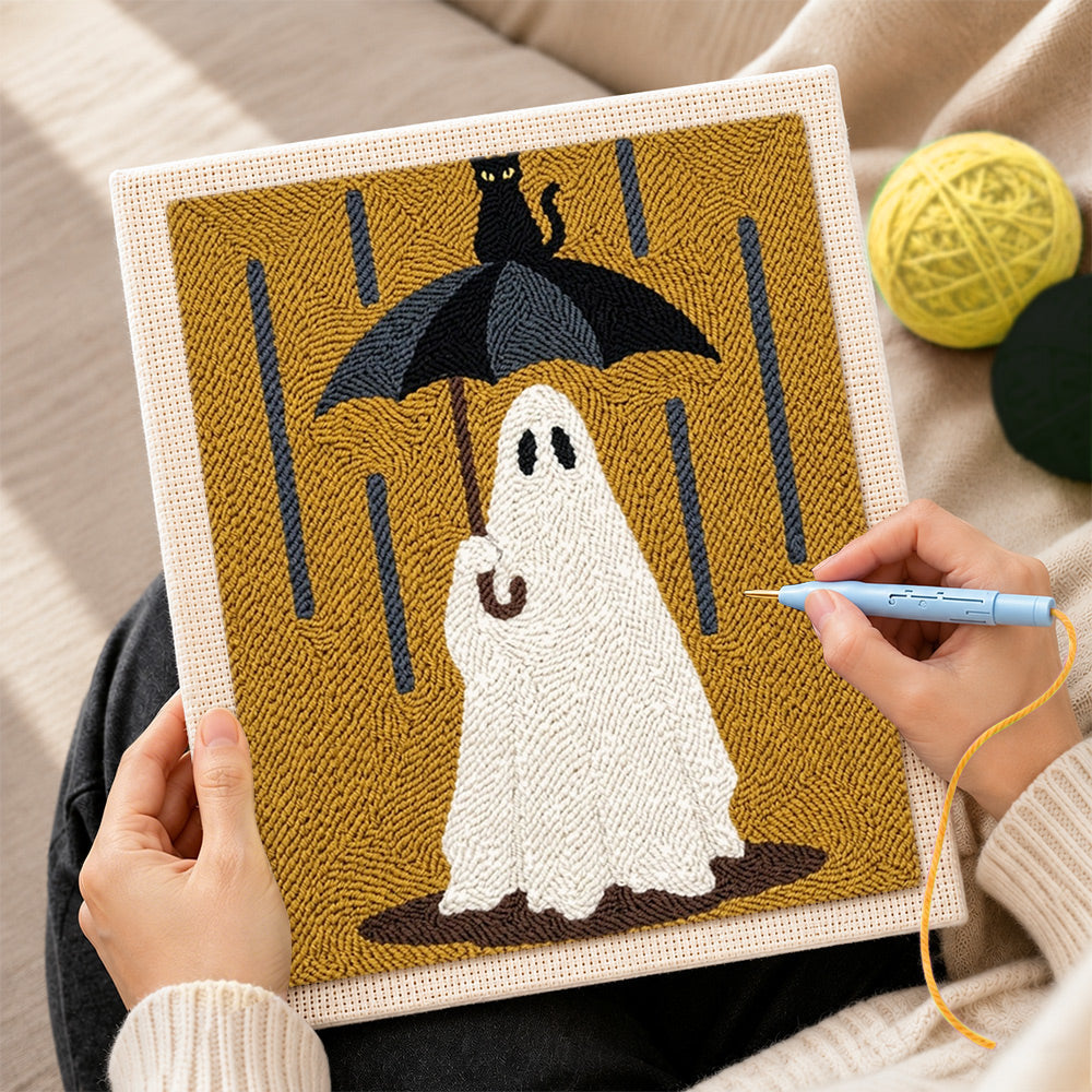 Creating handmade ghost in rain punch needle artwork