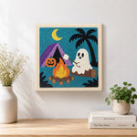 Finished ghost roasting marshmallows artwork displayed on a wall