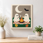 Finished ghosts toasting marshmallows artwork displayed on a wall