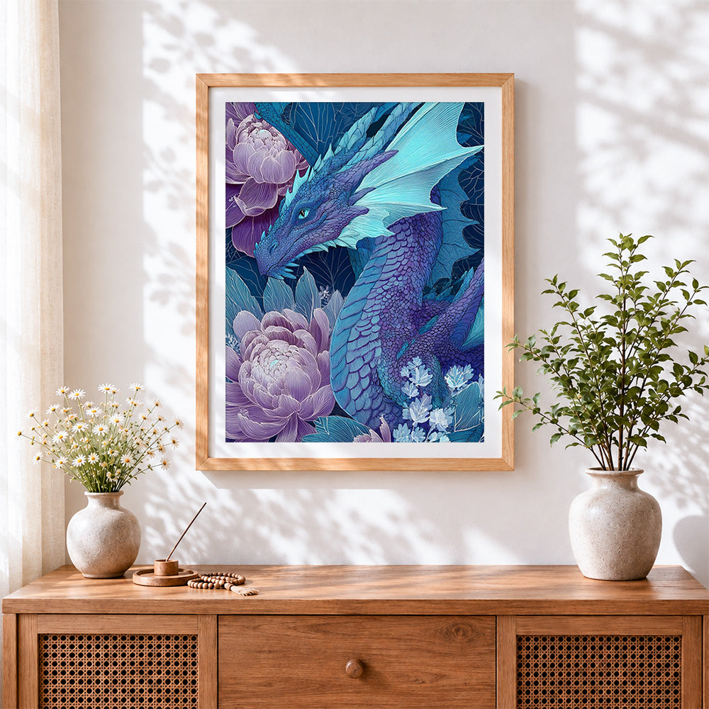 Finished giant blue dragon and peonies cross stitch artwork displayed