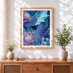 Finished giant blue dragon and peonies cross stitch artwork displayed