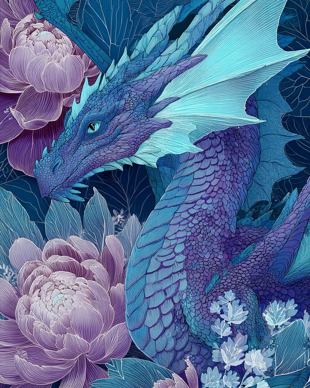 Giant blue dragon and peonies cross stitch kit for beginners