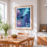 Giant blue dragon and peonies cross stitch artwork displayed on wall as home decor