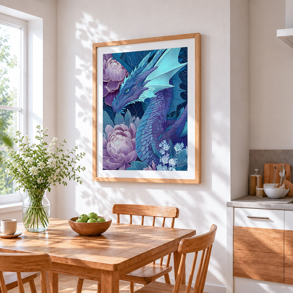 Giant blue dragon and peonies cross stitch artwork displayed on wall as home decor