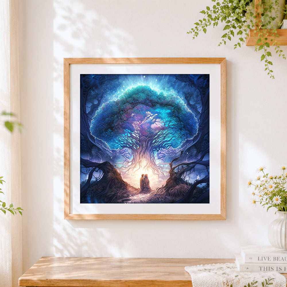 Finished giant glowing tree of life cross stitch artwork displayed